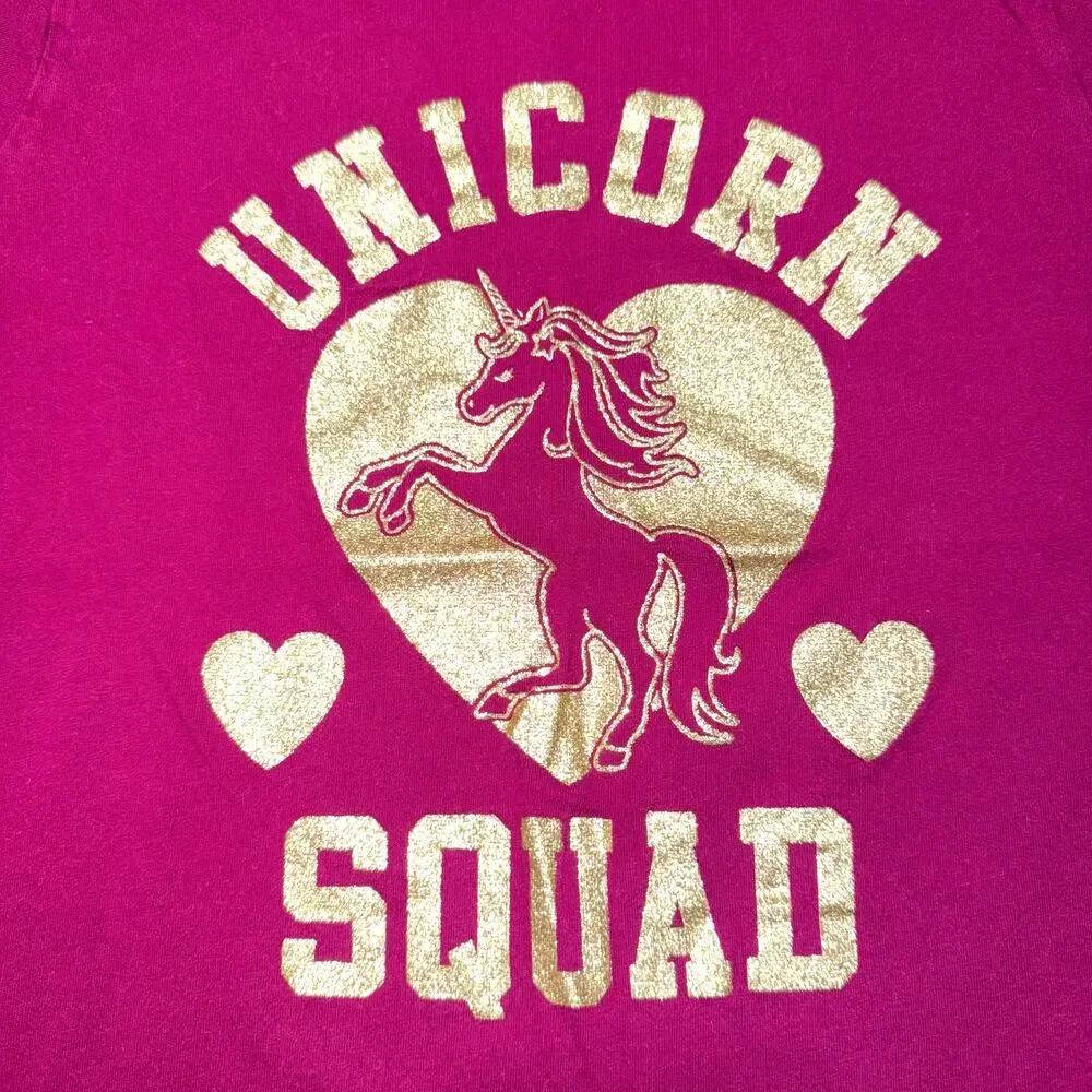 Childrens Place Girls Unicorn Squad T Shirt Top Short Sleeve Gold Dark Pink XL